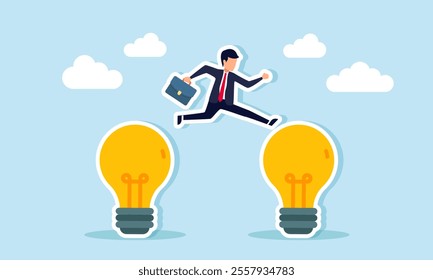 A businessman jumps from one lamp to another, illustration of efforts to gain more relevant business ideas and innovations aligned with business trends