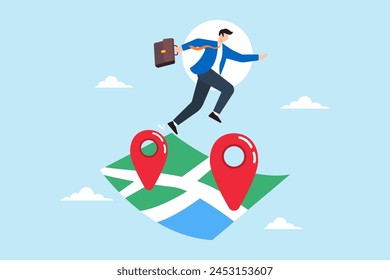 Businessman jumps from one map navigation pin to new one, illustrating business relocation. Concept of moving offices to new address or transferring to different location