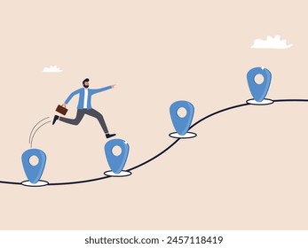 A businessman jumps from one point to another on a roadmap, symbolizing progress in a business journey and achievement of milestones