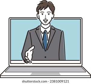 A businessman jumps out of his computer and shakes hands