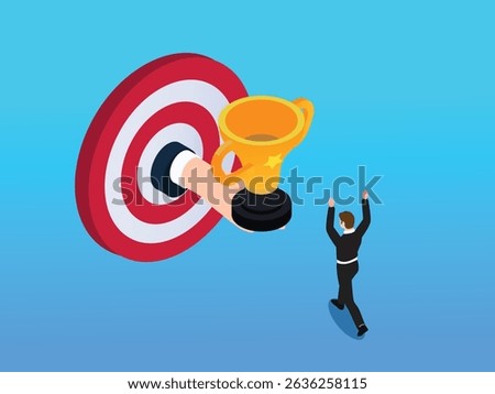 businessman jumps with outstretched arms towards a hand extending a golden trophy from the center of a target, symbolizing the pursuit of goals and achievement isometric 3d vector illustration