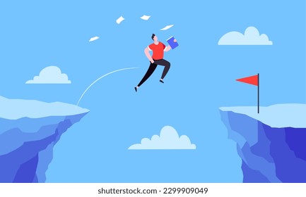Businessman jumps over the abyss across the cliff flat style design vector illustration. Business concept of fearless businessman with huge courage. Risk, goal achievement, work obstacles and success.