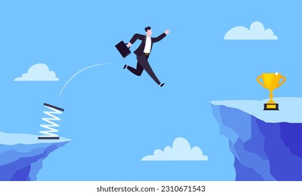 Businessman jumps over the abyss across the cliff flat style design vector illustration. Business concept of fearless businessman with huge courage. Risk, goal achievement, work obstacles and success.