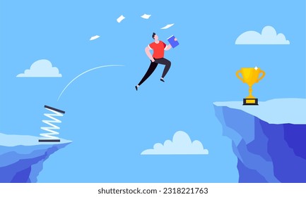 Businessman jumps over the abyss across the cliff flat style design vector illustration. Business concept of fearless businessman with huge courage. Risk, goal achievement, work obstacles and success.