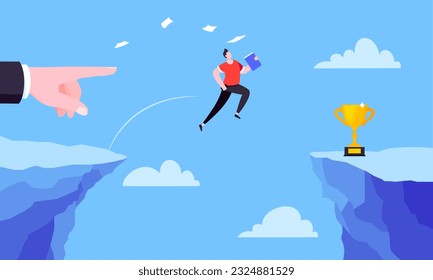 Businessman jumps over the abyss across the cliff flat style design vector illustration. Business concept of fearless businessman with huge courage. Risk, goal achievement and mentoring.