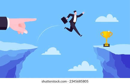 Businessman jumps over the abyss across the cliff flat style design vector illustration. Business concept of fearless businessman with huge courage. Risk, goal achievement and mentoring.