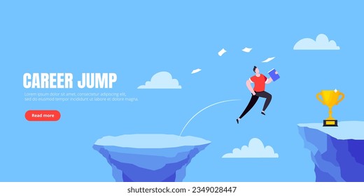 Businessman jumps over the abyss across the cliff flat style design vector illustration. Business concept of fearless businessman with huge courage. Risk, goal achievement, work obstacles and success.