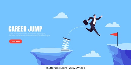 Businessman jumps over the abyss across the cliff flat style design vector illustration. Business concept of fearless businessman with huge courage. Risk, goal achievement, work obstacles and success.
