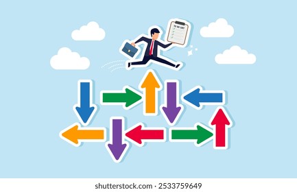 A businessman jumps over a cluster of irregular arrows while holding a to-do list, illustration of focusing on completing tasks without being affected by uncertain financial policies