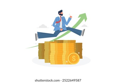 Businessman jumps over coins with growth arrow, white isolation background.