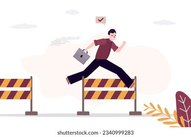 Businessman jumps over hurdle. Overcoming obstacles, solving business problems. Skills improvement. Successful employee fast run. Confident male character. flat vector illustration