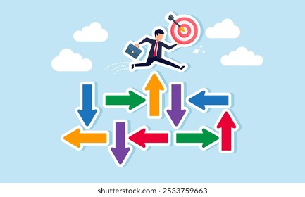 A businessman jumps over irregular arrows while holding a target board, illustration of focusing on completing business project targets unaffected by uncertain financial policies