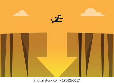 Businessman jumps over obstacles on the verge, Vector illustration in flat style