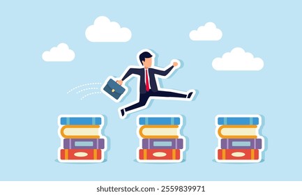 A businessman jumps over obstacles of stacked report books, illustration of step-by-step progress in completing business project reports