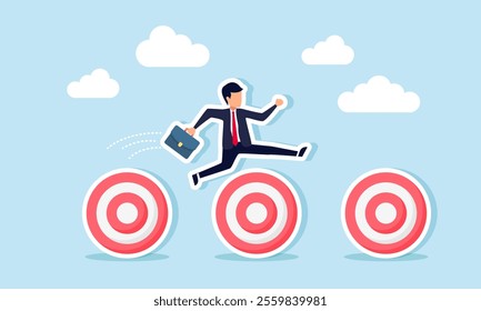 A businessman jumps over obstacles of target boards, illustration of step-by-step progress through business targets and achievements milestones