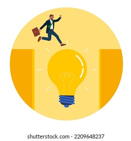 Businessman jumps over on light bulb across a cliff gap. Solve problems and the prospects of business and career success. Flat vector illustration. 