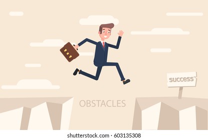 A businessman jumps over problems in order to succeed. Vector illustration in a flat style.