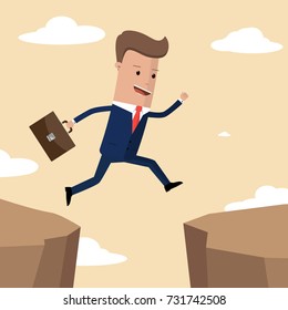 Businessman jumps over the ravine. Challenge, obstacle, optimism, determination in business concept. Vector illustration