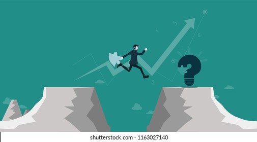 Businessman jumps over scary things to solve a task assignment Put the missing puzzle pieces to solve the problem. question mark become a light bulb.. Motivate employee growth concept.Business concept