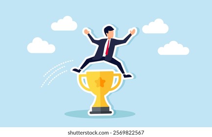 A businessman jumps over a trophy, illustration of surpassing limits to make the business a leading company