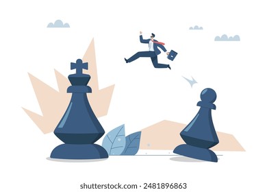 Businessman jumps from pawn chess to king chess, Changing mission critical goals and business strategy, Planning to achieve goals, Vector design illustration.