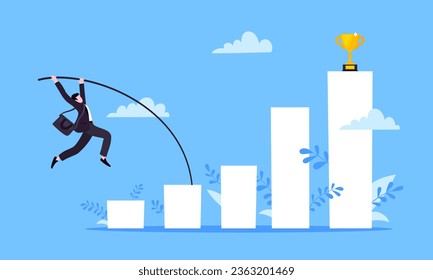 Businessman jumps pole vault over graph bars flat style design vector illustration business concept. Business growth and goal achievement concept.