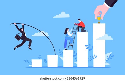 Businessman jumps pole vault over graph bars flat style design vector illustration business concept. Business growth and goal achievement concept.