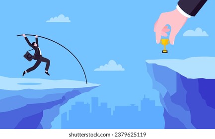 Businessman jumps pole vault over graph bars flat style design vector illustration business concept. Business growth and goal achievement concept.