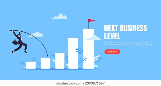 Businessman jumps pole vault over graph bars flat style design vector illustration business concept. Business growth and goal achievement concept.