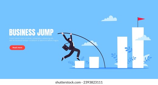 Businessman jumps pole vault over graph bars flat style design vector illustration business concept. Business growth and goal achievement concept.