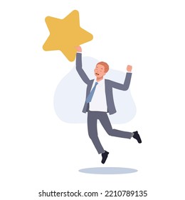 businessman jumps to reach out for the star and got it. Happy Businessman catched the star. Vector illustration. 