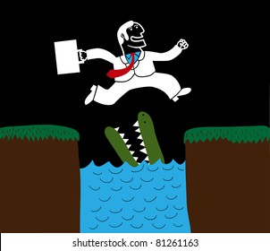 businessman jumps a river with a crocodile