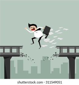 Businessman jumps solves the problem of a broken bridge