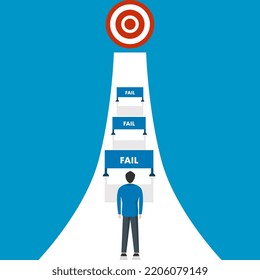 Businessman jumps through hurdles for big target and success. Run and jump over the failure barrier. motivational illustration.