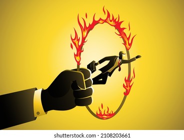 A businessman jumps through a ring of fire. Vector illustration