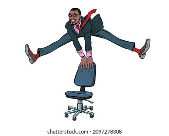 Businessman jumps up, funny leg pose wide. Joy emotions success. Pop Art Retro Vector Illustration Kitsch Vintage 50s 60s Style