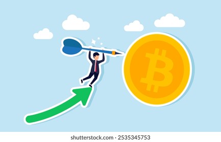 Un hombre de negocios salta de una flecha hacia arriba sosteniendo un dardo, con el objetivo de fijarlo en un bitcoin, ilustración de apuntar a los activos de bitcoin con una valoración específica