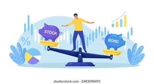 Businessman keep calm balancing on scales, choosing between stocks and bonds. Diversify portfolio investments. Passive invest wealth accumulate. Balanced investment strategy. Finance asset allocation