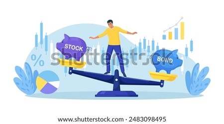 Businessman keep calm balancing on scales, choosing between stocks and bonds. Diversify portfolio investments. Passive invest wealth accumulate. Balanced investment strategy. Finance asset allocation