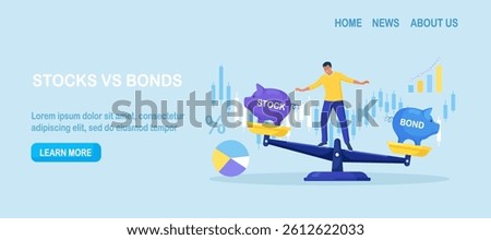 Businessman keep calm balancing on scales, choosing between stocks and bonds. Diversify portfolio investments. Passive invest wealth accumu
late. Balanced investment strategy. Finance asset allocation