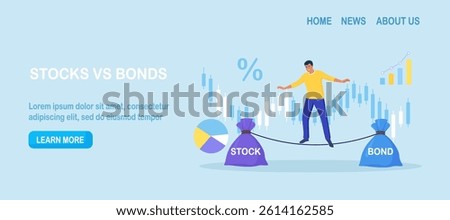 Businessman keep calm balancing on rope, choosing between stocks and bonds. Diversify portfolio investments. Passive invest wealth accumulate. Balanced investment strategy. Finance asset allocation
