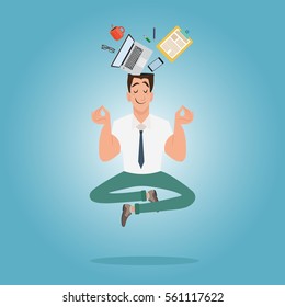 Businessman keep calm in working matters. Worker's head open with business elements. Laptop, coffee, paper flies in the head.