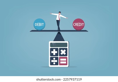 Businessman keeping balance between debit and credit on the seesaw concept, vector illustration