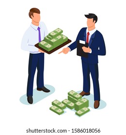 Businessman keeping tray with lots of money in front of another man directing, controlling. Cash payment, venture capital investments, financial flows management concept. Vector isometric.