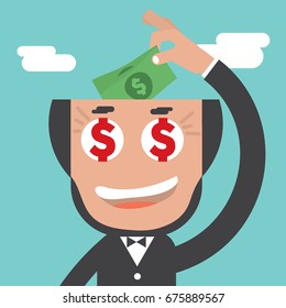 Businessman Keeps Banknotes In Bald Head Vector Illustration