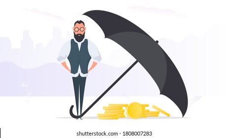 Businessman keeps capital. A large umbrella shelters money from risk and danger. Office Concept of capital saving and investment. Vector.