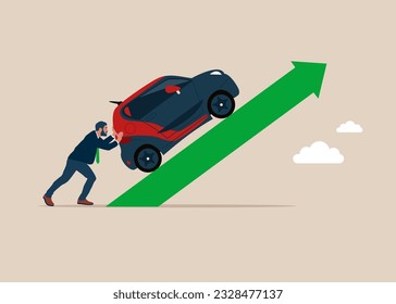 Businessman  keeps car cruising on upward arrow. Automotive market is up.  Business automotive boom. Vector illustration.