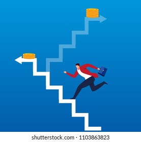 Businessman keeps climbing higher stairs