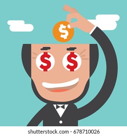 Businessman Keeps Coin In Bald Head Vector Illustration