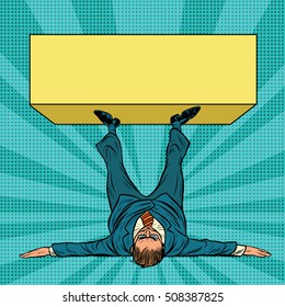 Businessman keeps feet advertising banner copy space, pop art retro vector. Pattern signs or names